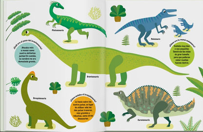 Ilustración de dinosaurios coloridos en un libro infantil, incluye brontosaurios y velocirraptores