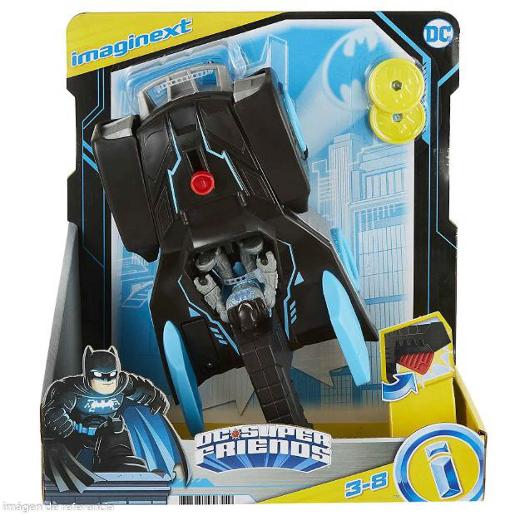 Batimóvil negro y azul, vista frontal en su empaque, juguete de Mattel