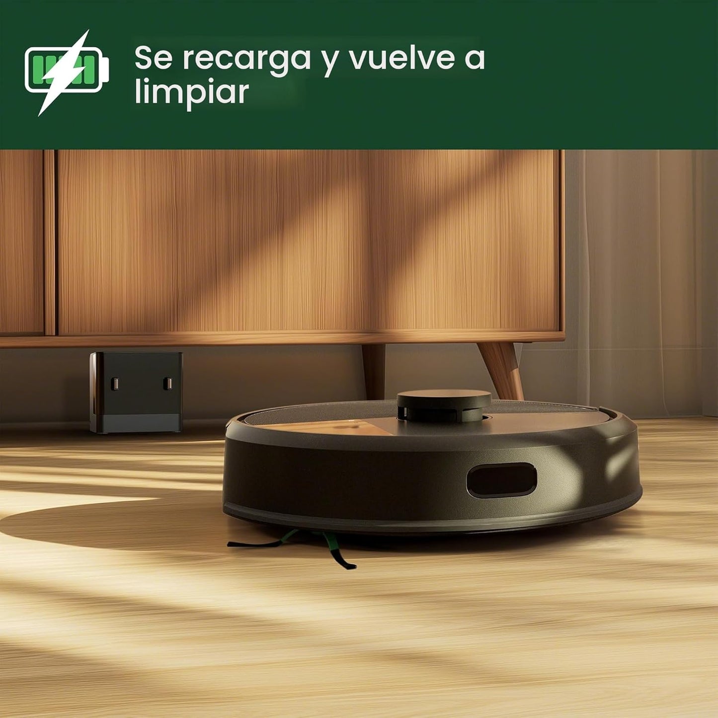 Aspiradora robot iRobot Roomba 105 Honduras en modo de recarga en el suelo, lista para limpiar.