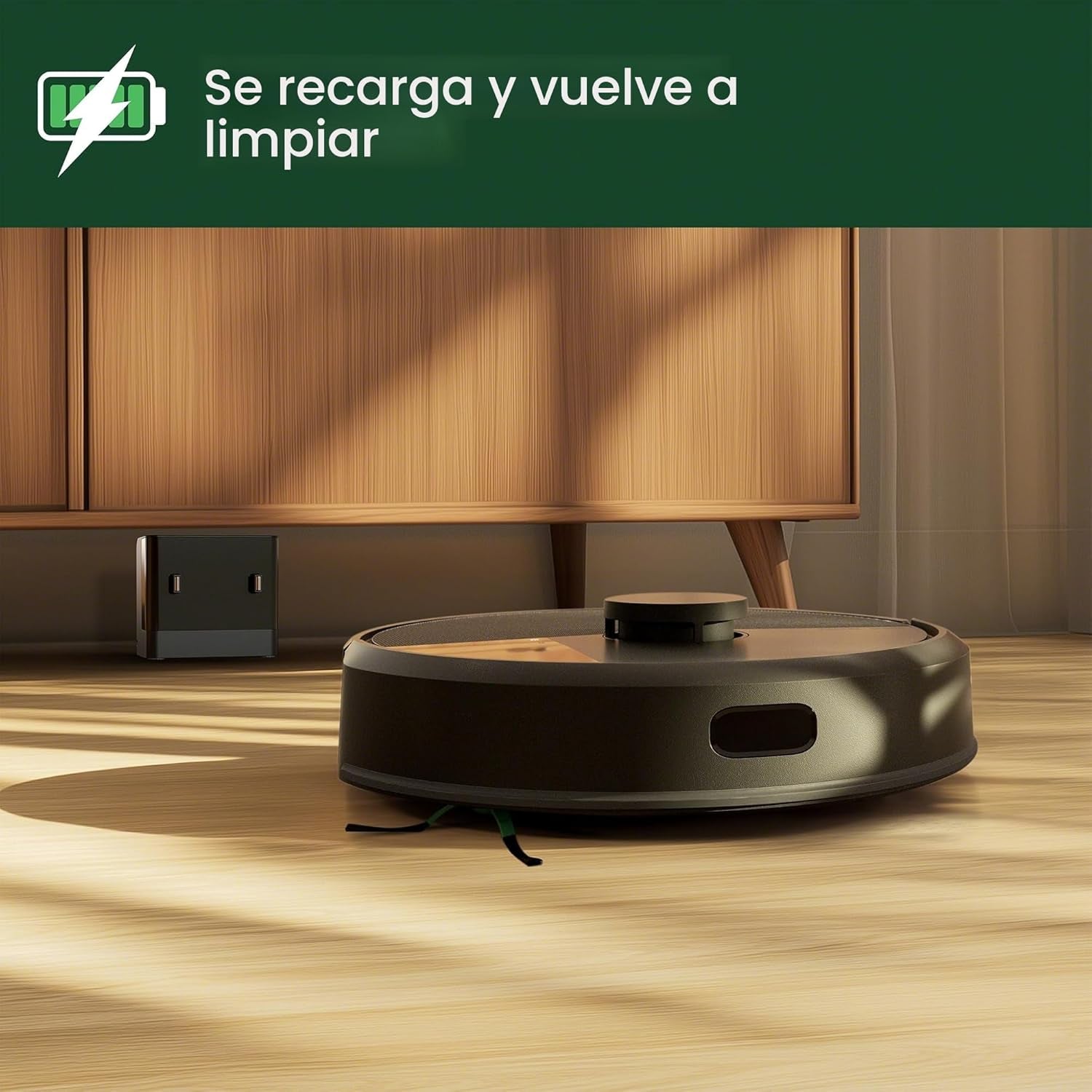 Aspiradora robot iRobot Roomba 105 Honduras en modo de recarga en el suelo, lista para limpiar.