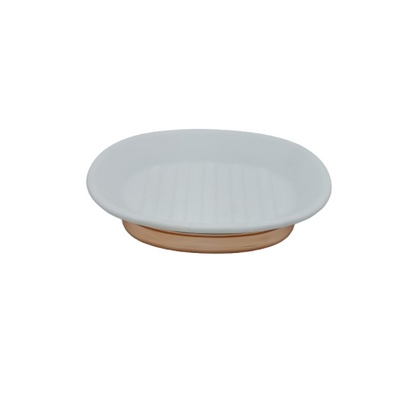 jabonera blanca con base dorada, vista frontal, decoración de baño