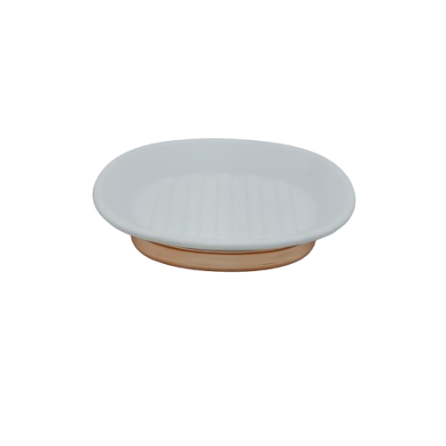 jabonera blanca con base dorada, vista frontal, decoración de baño