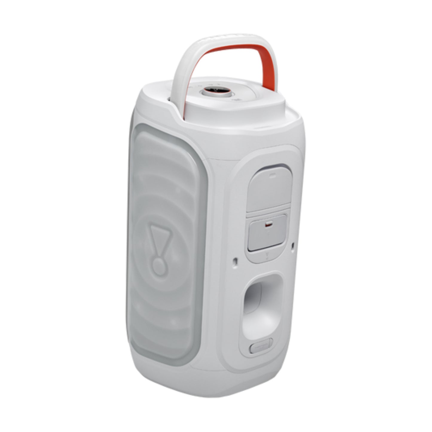 Parlante JBL gris con diseño portátil y asa, vista lateral