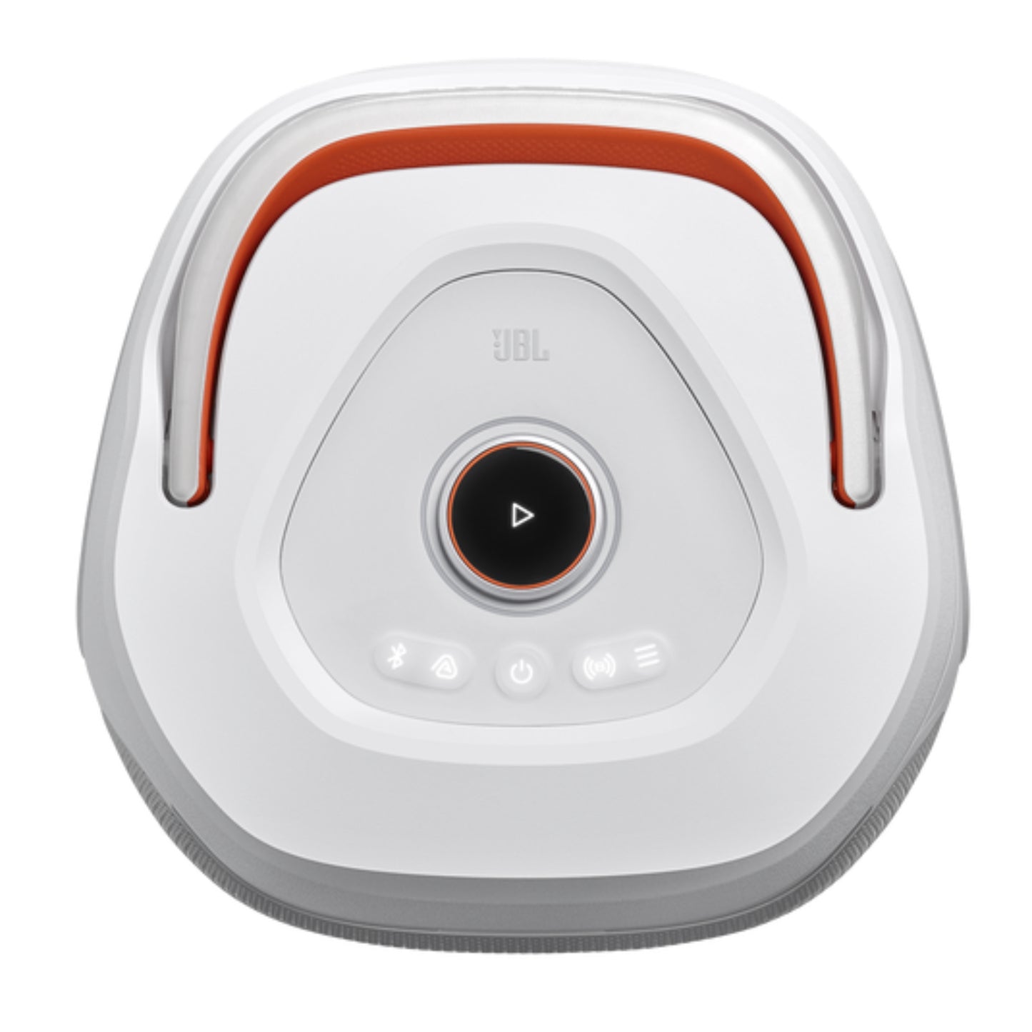 Altavoz JBL blanco con controles y diseño moderno, vista superior