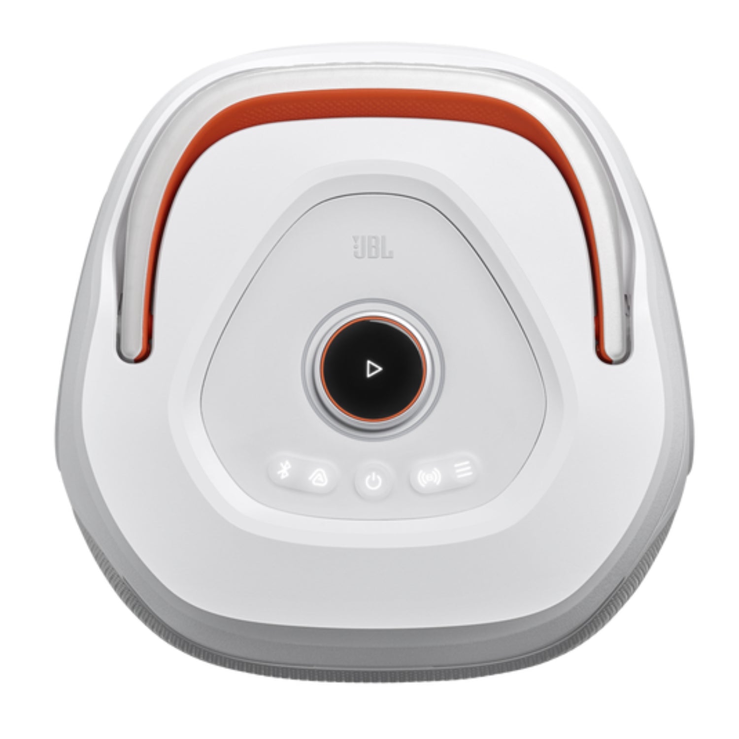 Altavoz JBL blanco con controles y diseño moderno, vista superior