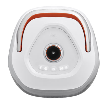 Altavoz JBL blanco con controles y diseño moderno, vista superior