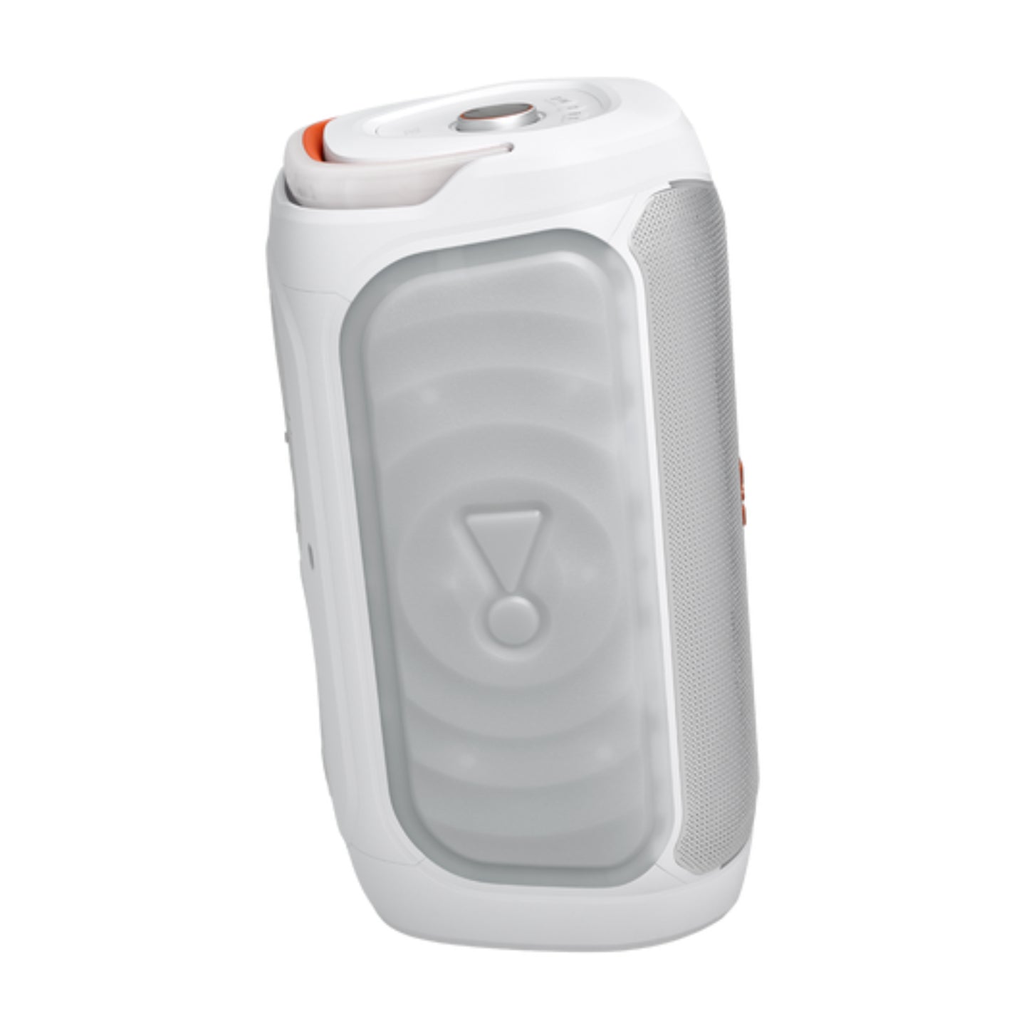 Altavoz portátil JBL blanco lateral, ideal para fiestas y al aire libre