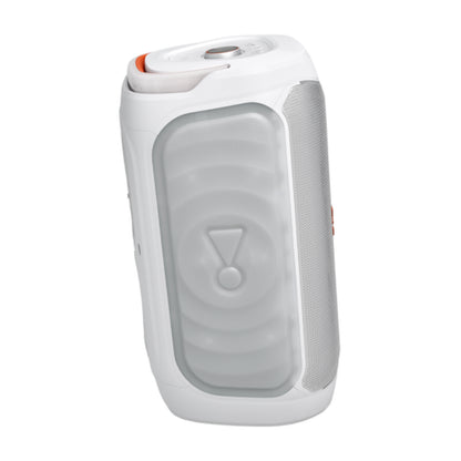 Altavoz portátil JBL blanco lateral, ideal para fiestas y al aire libre