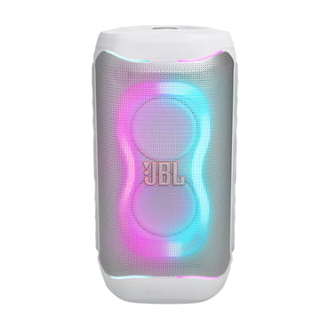 Altavoz JBL blanco con luces LED, vista frontal en ambiente festivo