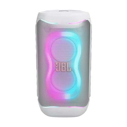Altavoz JBL blanco con luces LED, vista frontal en ambiente festivo