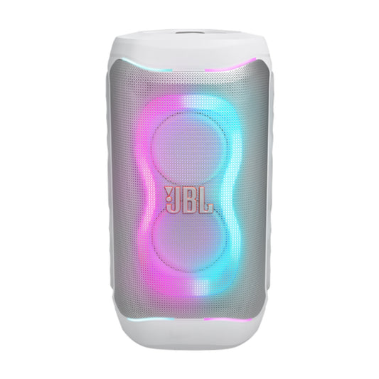 Altavoz JBL blanco con luces LED, vista frontal en ambiente festivo