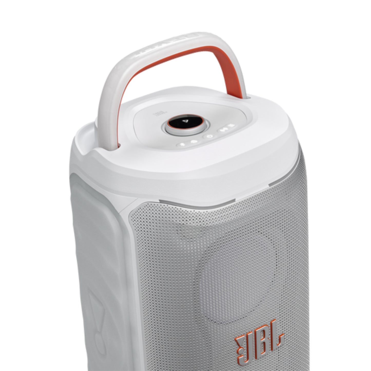 Altavoz JBL blanco con asa, vista frontal, ideal para fiestas al aire libre