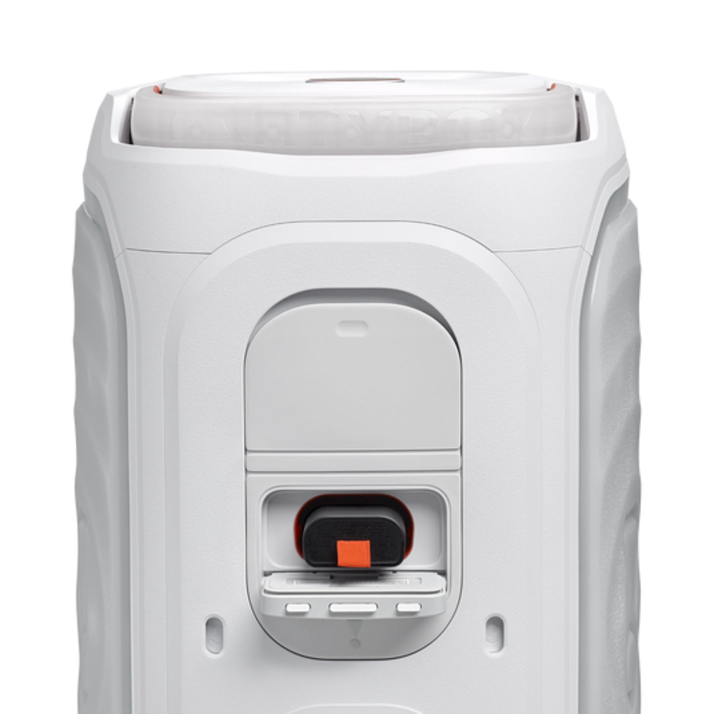 Altavoz JBL portátil blanco, frontal con puerto de carga y controles