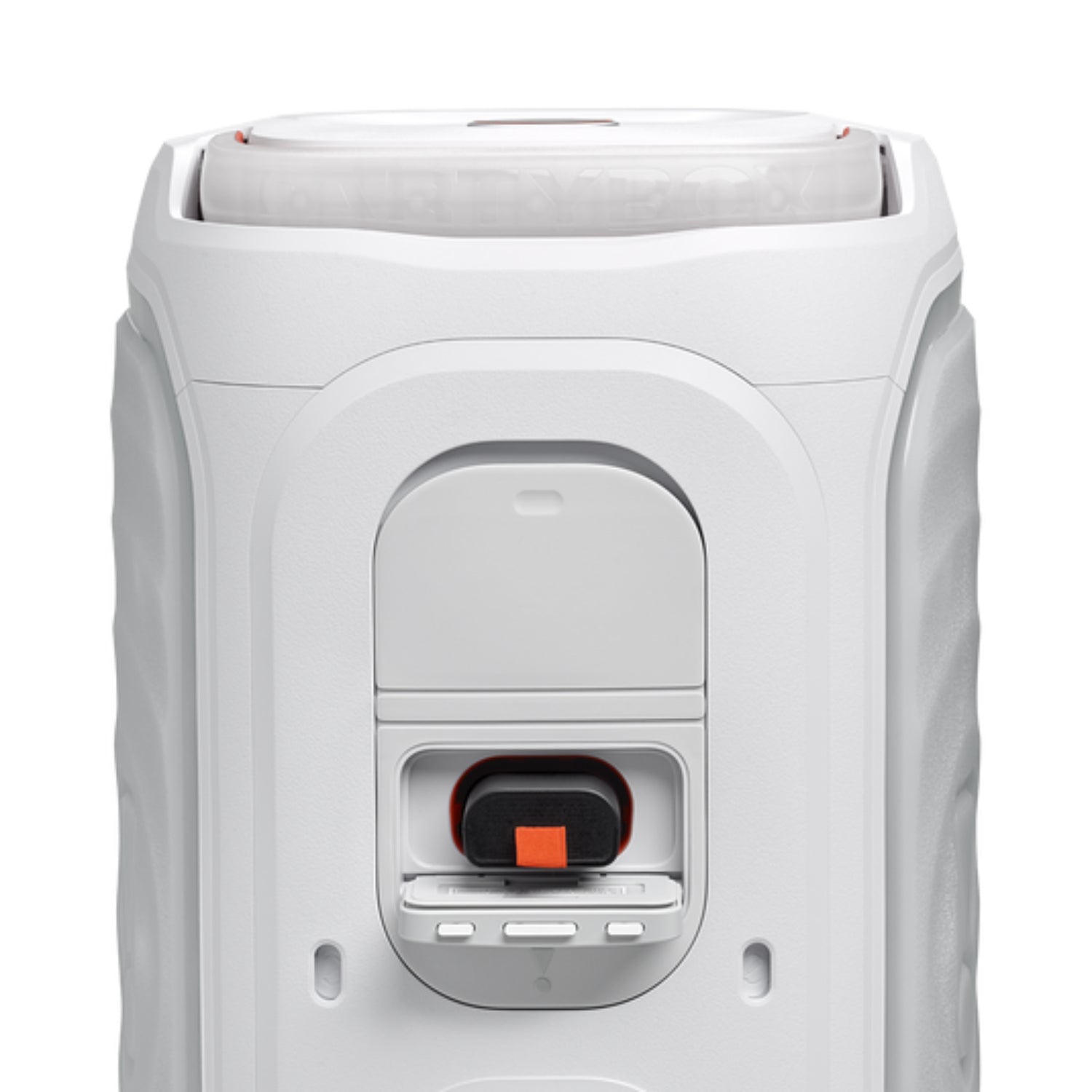Altavoz JBL portátil blanco, frontal con puerto de carga y controles