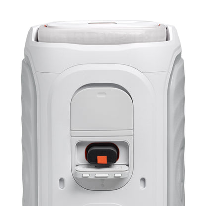 Altavoz JBL portátil blanco, frontal con puerto de carga y controles