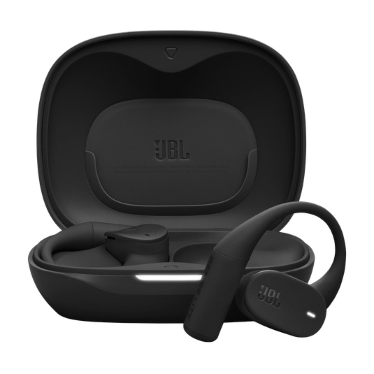 Audífonos inalámbricos JBL negros con estuche de carga, vista frontal