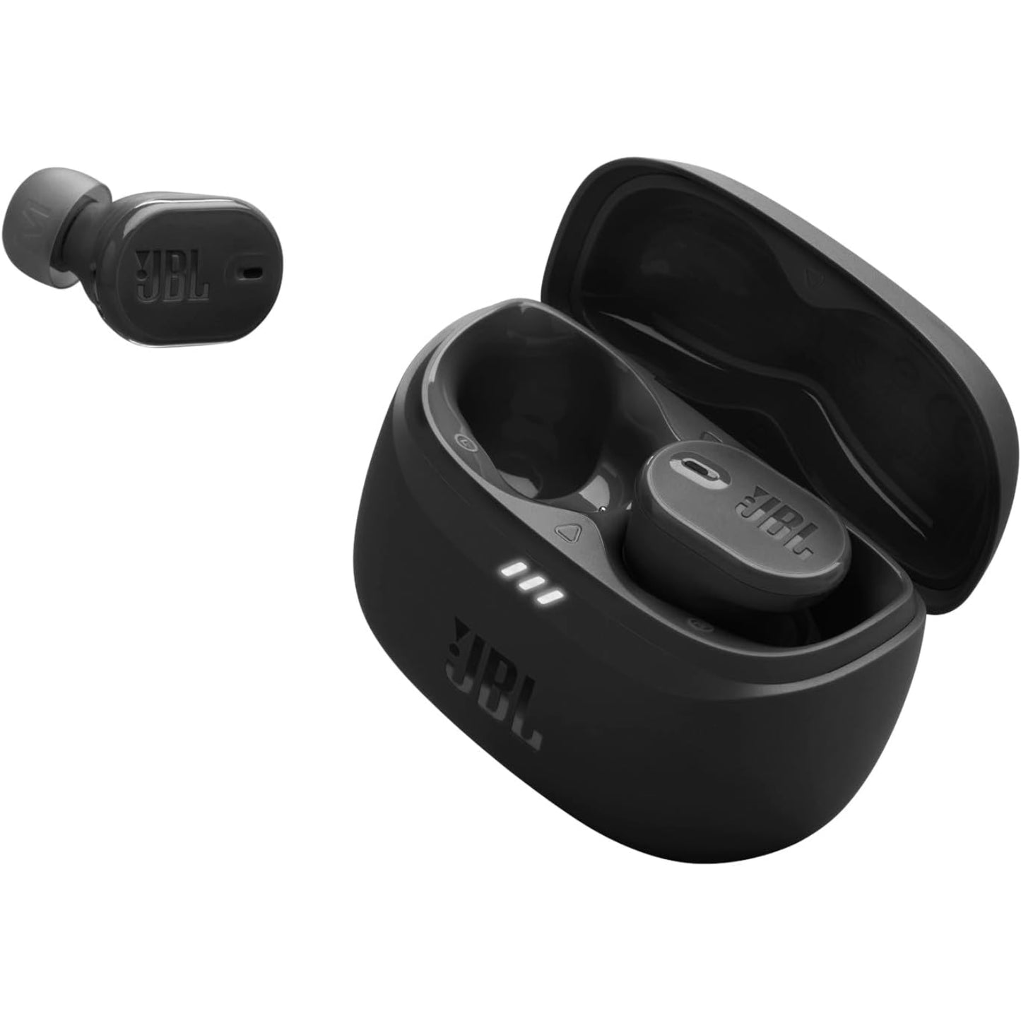 Audífonos inalámbricos JBL negros en estuche de carga, vista frontal