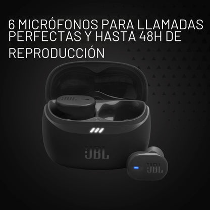 audífonos inalámbricos JBL negros en estuche, perfectos para largas llamadas