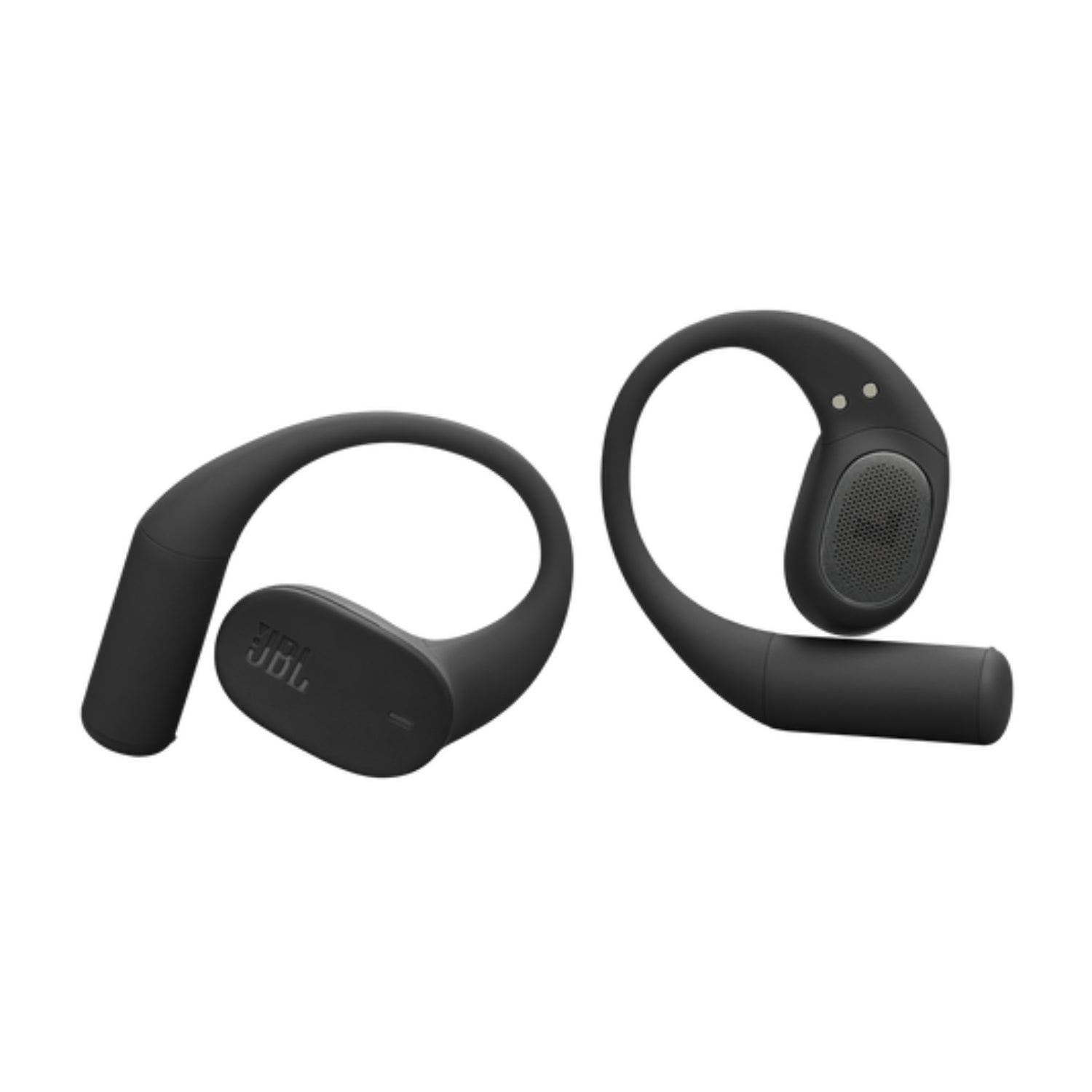 Audífonos inalámbricos JBL negros, vista lateral y frontal, ideal para escuchar música