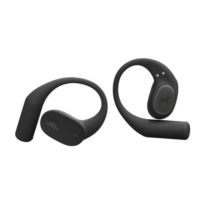 Audífonos inalámbricos JBL negros, vista lateral y frontal, ideal para escuchar música
