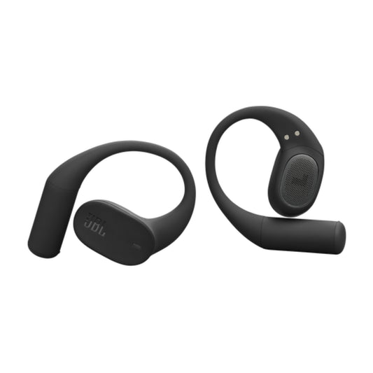 Audífonos inalámbricos JBL negros, vista lateral y frontal, ideal para escuchar música