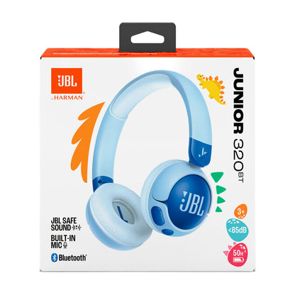 Caja de audífonos JBL inalámbricos para niños en color azul con micrófono incorporado y sonido seguro