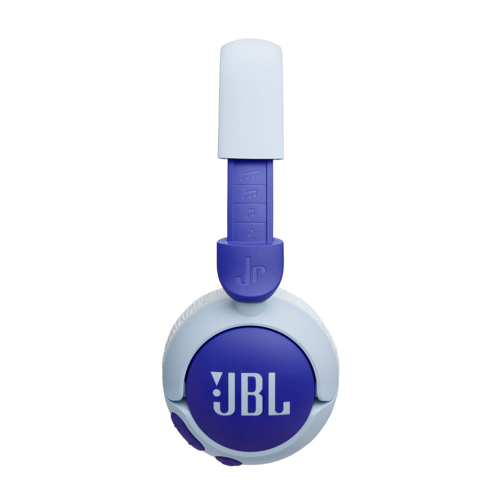 Audífonos JBL inalámbricos para niños en color azul y blanco con diseño ajustable y cómodo
