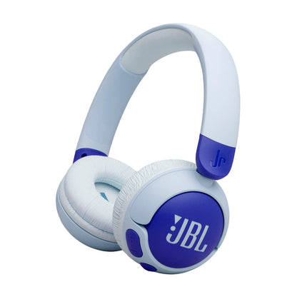 Audífonos JBL inalámbricos para niños en color blanco y azul con un diseño cómodo y divertido