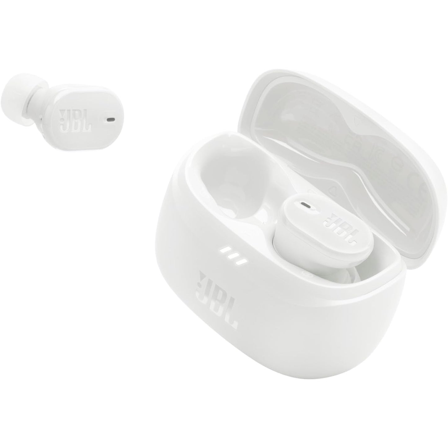 Auriculares JBL blancos con cancelación de ruido en estuche compacto