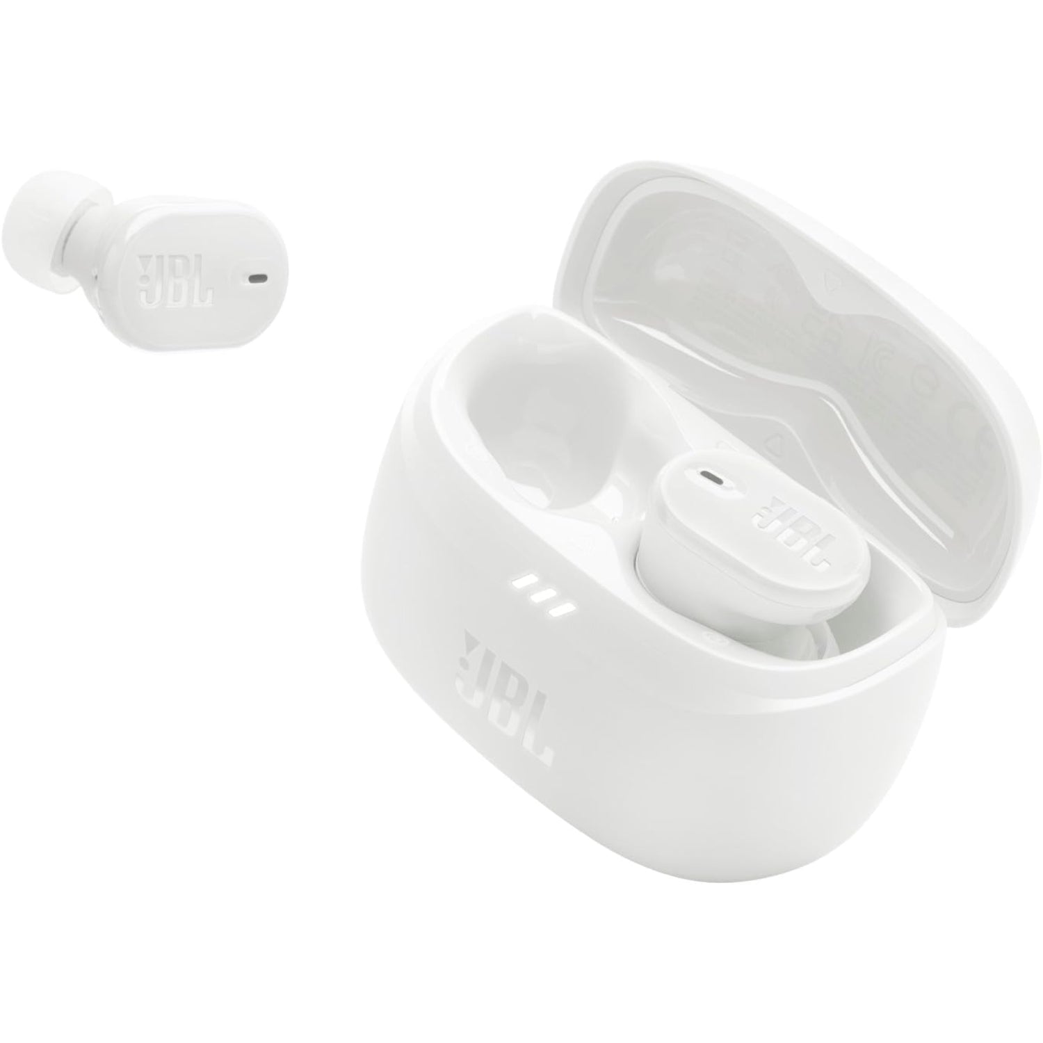 Auriculares JBL blancos con cancelación de ruido en estuche compacto