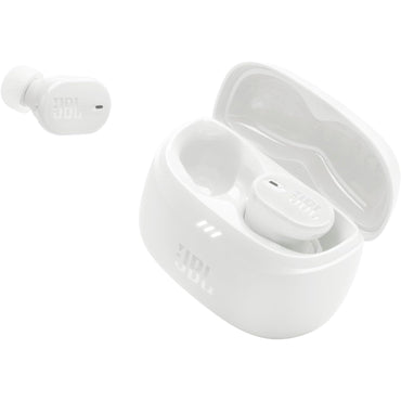Auriculares JBL blancos con cancelación de ruido en estuche compacto