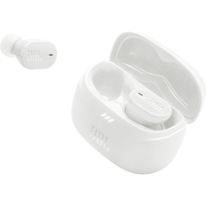 Auriculares JBL blancos con cancelación de ruido en estuche compacto