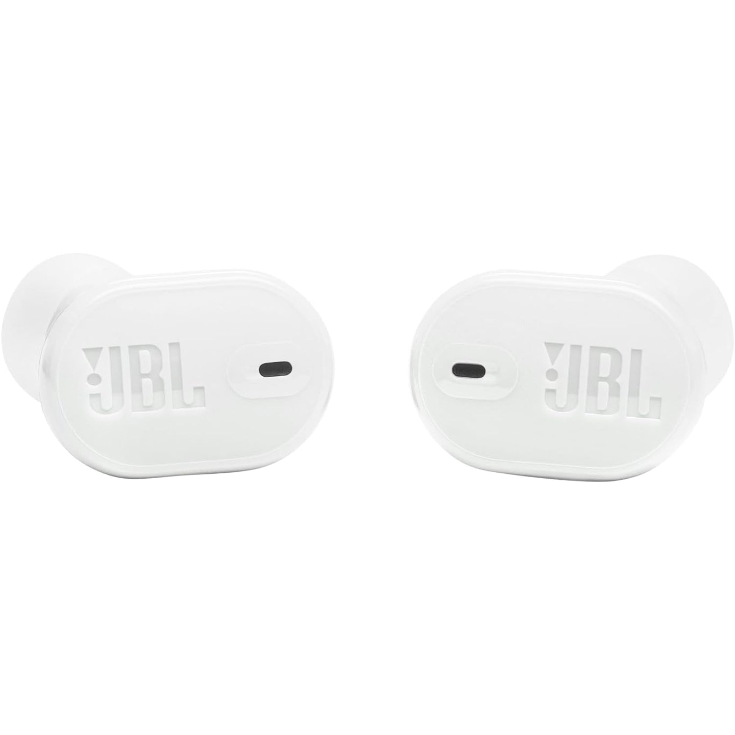 Auriculares bluetooth JBL blancos, vista frontal en fondo neutral