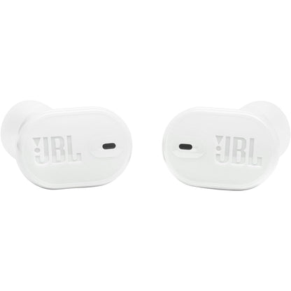 Auriculares bluetooth JBL blancos, vista frontal en fondo neutral