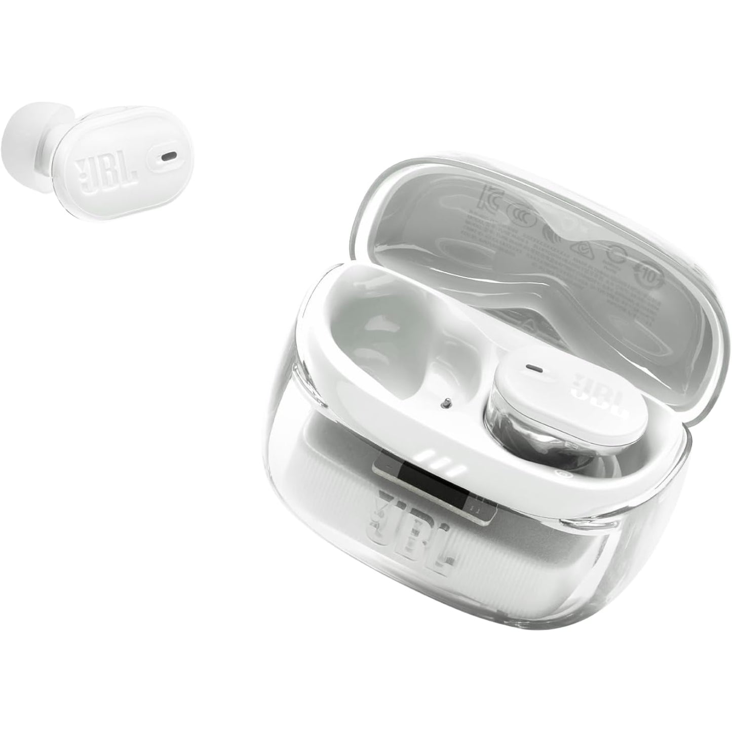 Auriculares bluetooth JBL blancos con estuche de carga, vista frontal