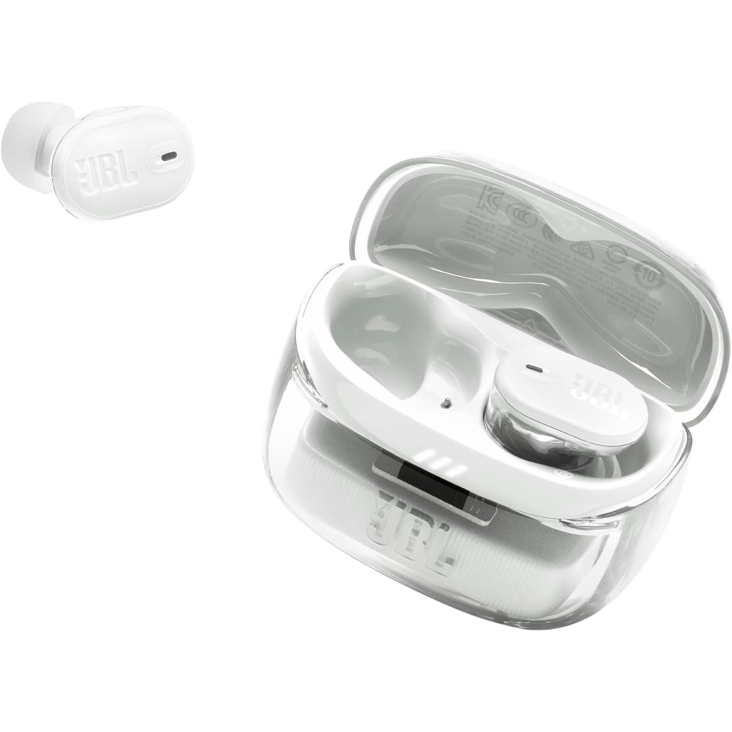 Auriculares bluetooth JBL blancos con estuche de carga, vista frontal