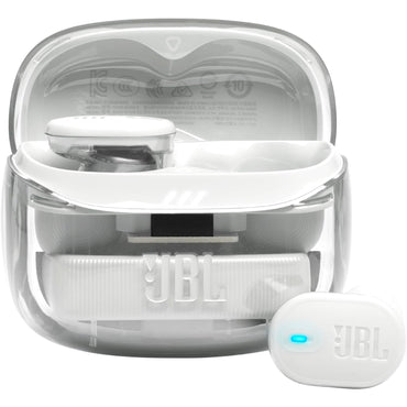Auriculares bluetooth JBL blancos en estuche transparente, vista frontal