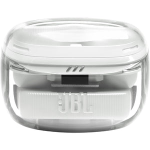 Auriculares bluetooth JBL blancos en estuche, vista frontal