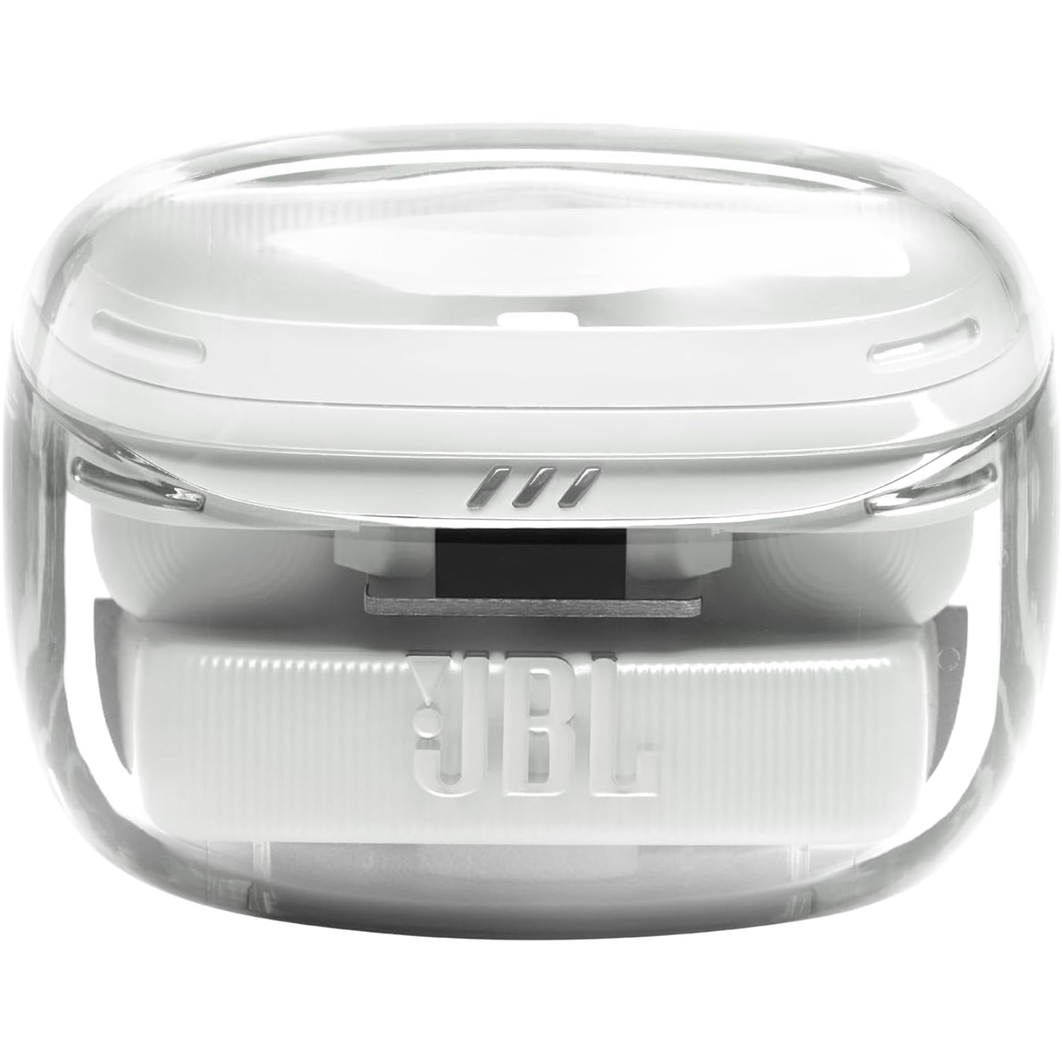 Auriculares bluetooth JBL blancos en estuche, vista frontal