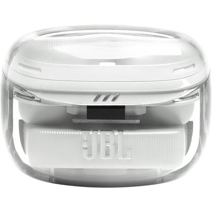 Auriculares bluetooth JBL blancos en estuche, vista frontal