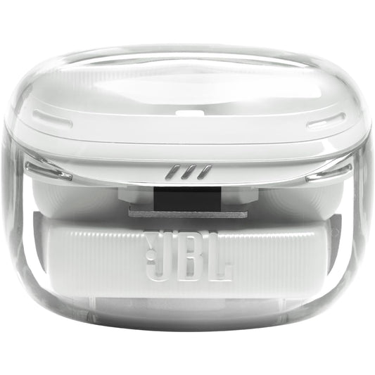 Auriculares bluetooth JBL blancos en estuche, vista frontal