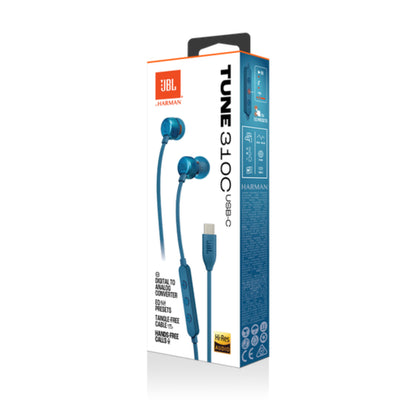 Auriculares USB-C JBL Tune 310 color azul, con micrófono, paquete frontal y controles