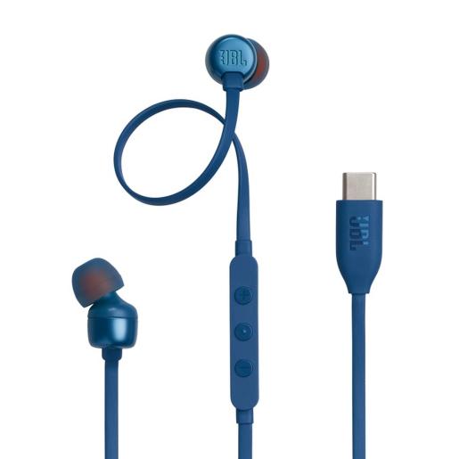 Auriculares USB-C JBL azul, vista frontal con control y cable
