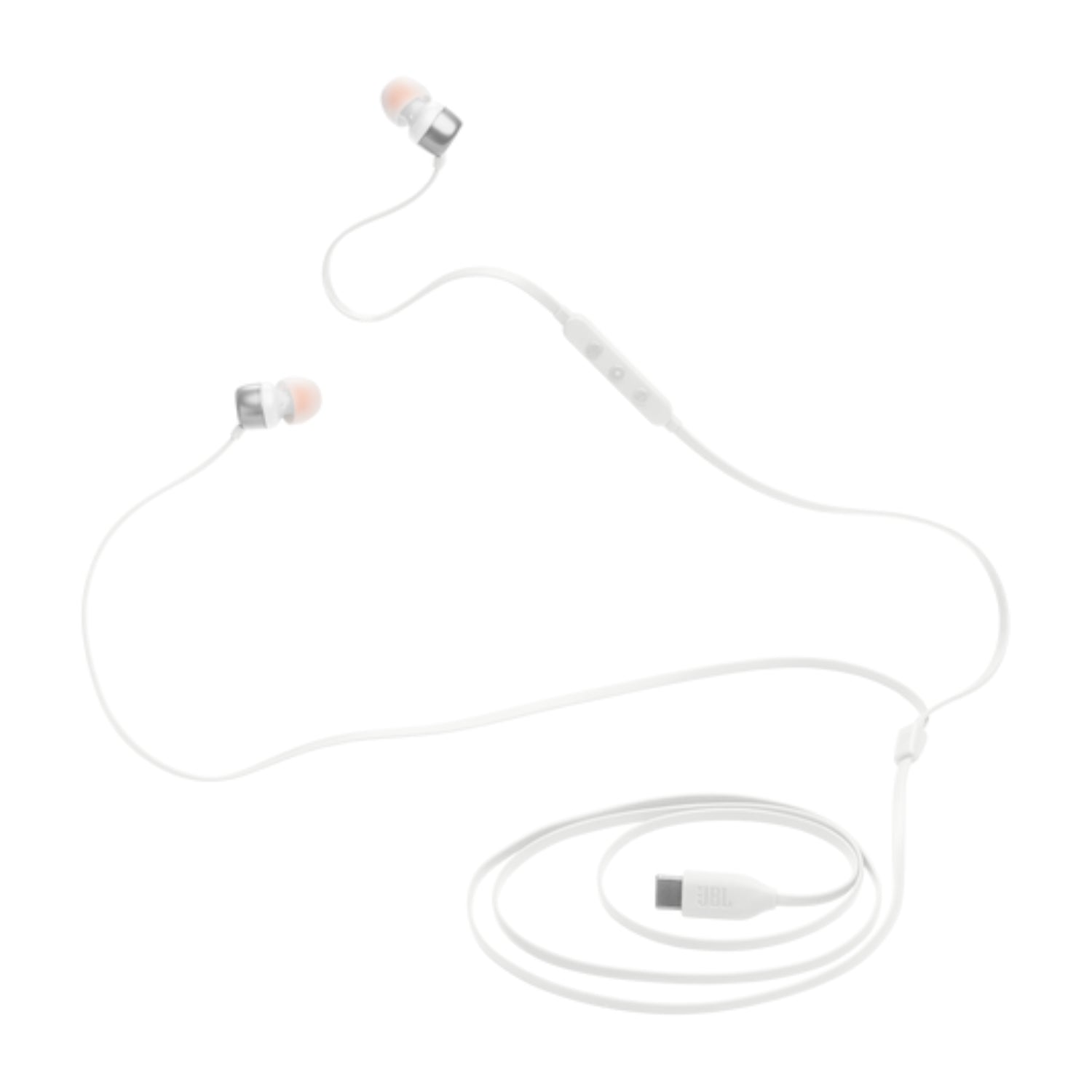 Auriculares USB C JBL blancos, vista frontal, ideales para música y llamadas