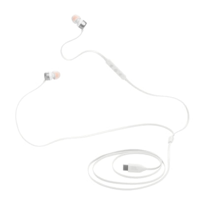 Auriculares USB C JBL blancos, vista frontal, ideales para música y llamadas