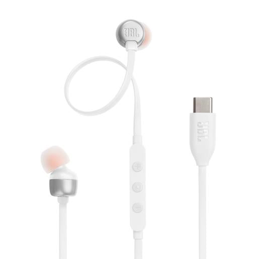 auriculares JBL USB C blancos, vista lateral con micrófono