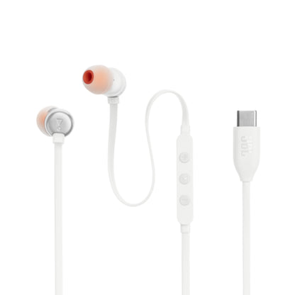 Auriculares USB C JBL blancos con control de volumen, uso diario