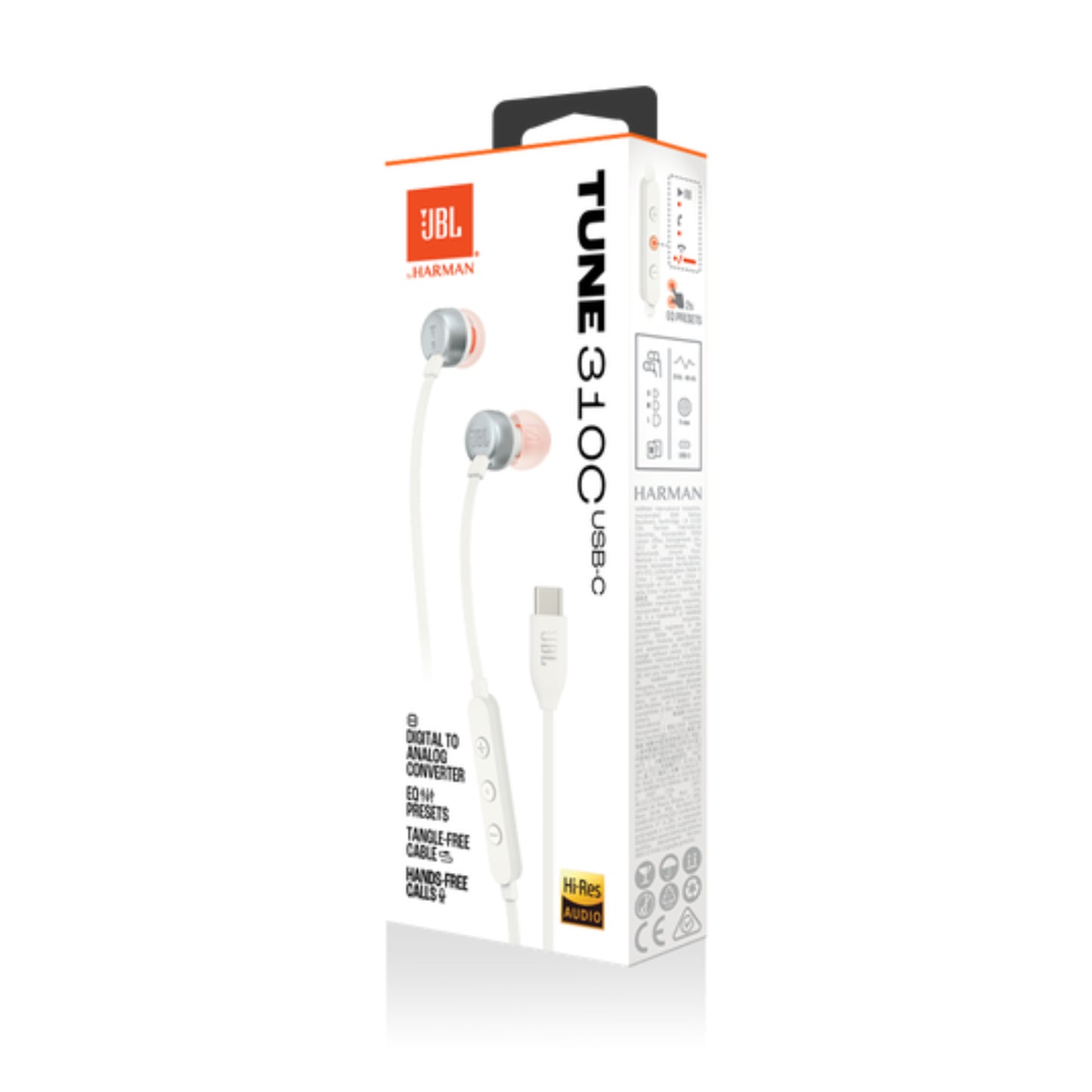 Auriculares USB C JBL Tune 310 en blanco, vista frontal, paquete con controles de llamada