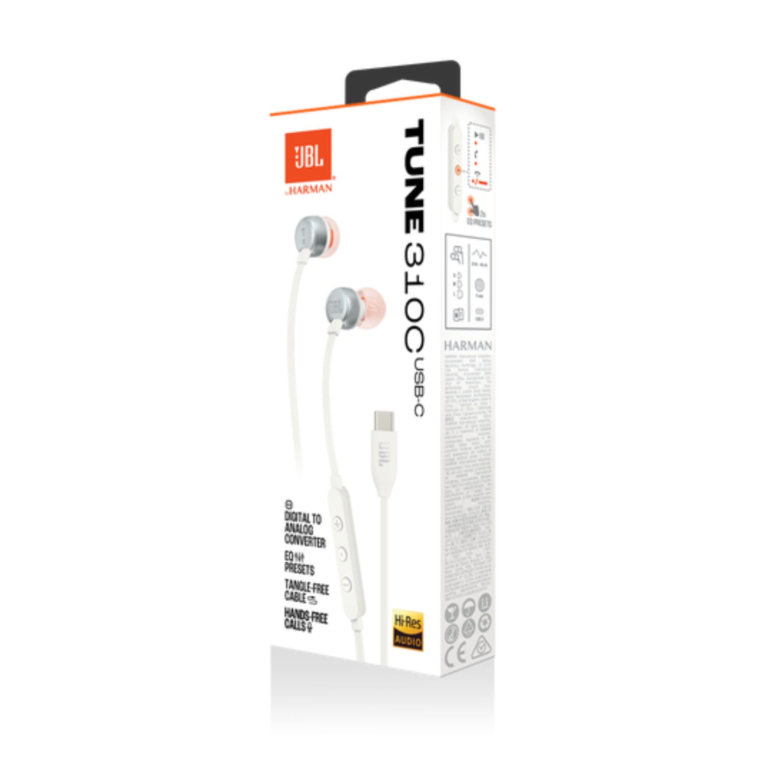 Auriculares USB C JBL Tune 310 en blanco, vista frontal, paquete con controles de llamada