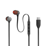 Auriculares USB-C JBL negros, vista lateral, con control de volumen y micrófono